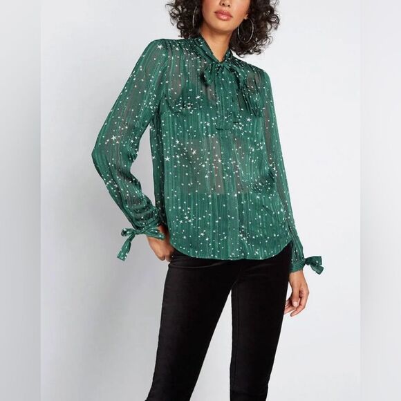 ModCloth Green Star Shimmer Sheer Top Size Large - Picture 1 of 5